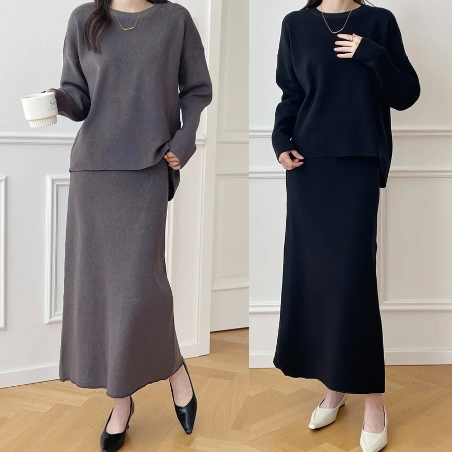 سترة تريكو نسائية لخريف وشتاء سترة فضفاضة للغاية على شكل حرف a طويلة Dr مكونة من قطعتين تأثير التخسيس مجموعة أنيقة