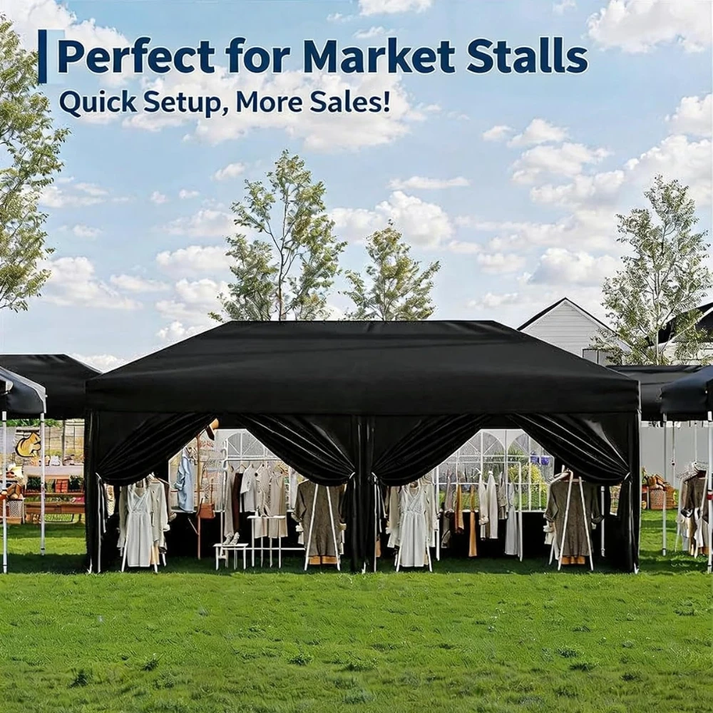 Garvee Gazebo pliable noir robuste 3×6 m, abri imperméable résistant aux UV avec 6 parois latérales détachables, hauteur réglable sur 3 niveaux, sac de transport portable pour événements extérieurs et fêtes de mariage