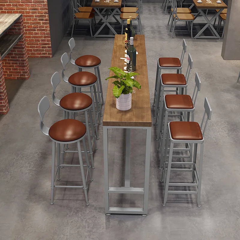 independent-station-bar-cafe-solid-wood-bar-table-and-chair-combination-against-the-wall-wrought-iron-soft-seat-backrest