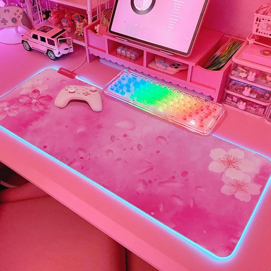 

RGB Cherry Blossom Gaming Mouse Pad Pink 31.5x12 Inch PC XL Large Extended Glowing Led Light Up Desk Pad NonSlip Rubber Base Co