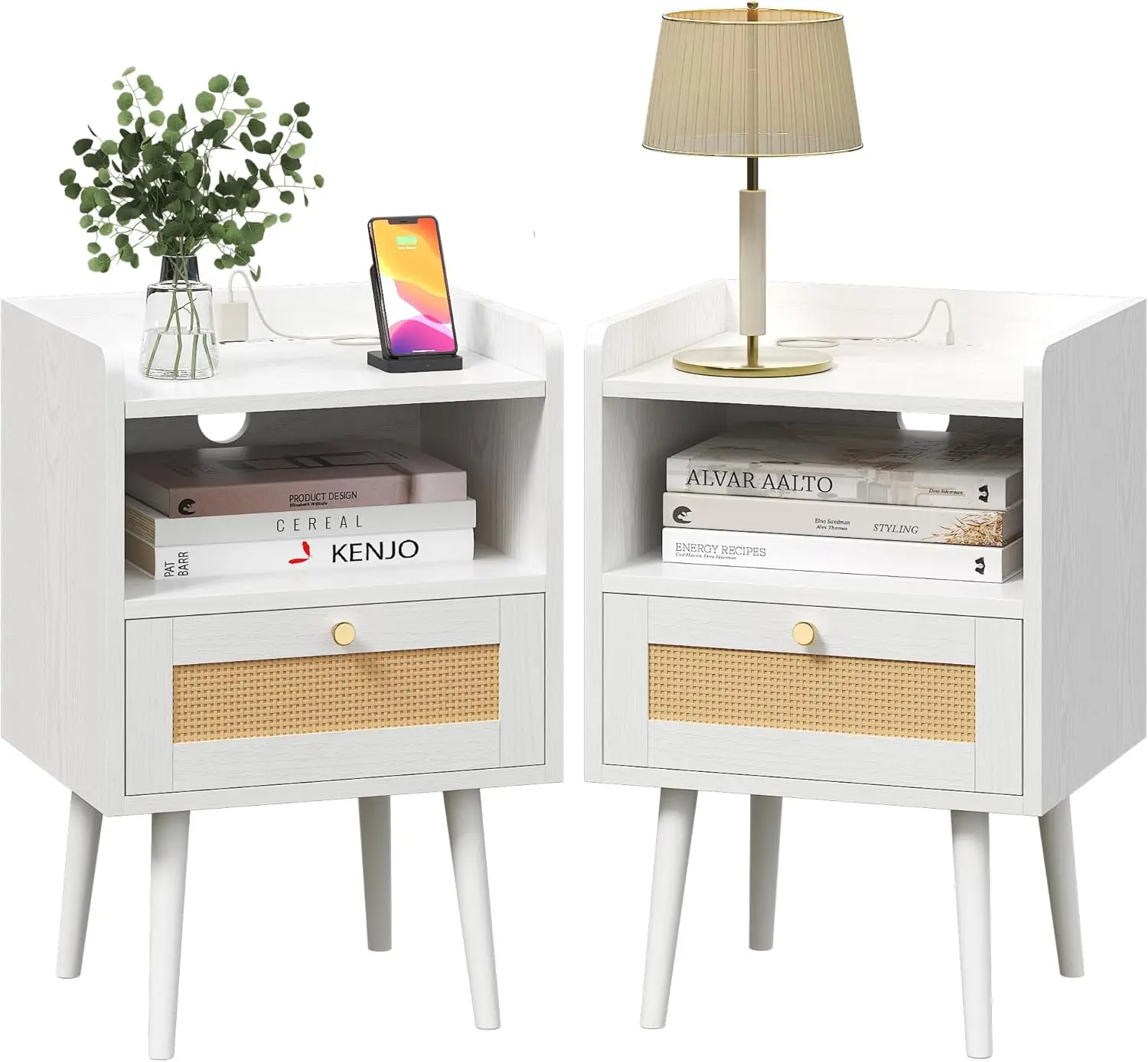 

Nightstand Set of 2 with Charging Station, Rattan Side Tables, Boho Bedside End Table for Small Spaces