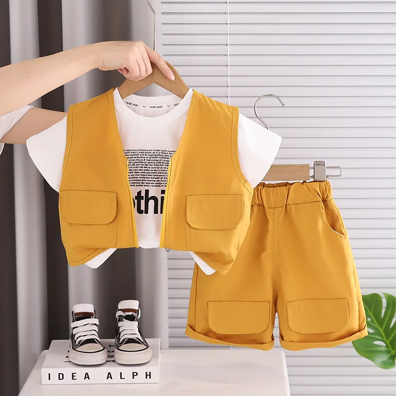 

Baby Boys 3 Piece Suit Toddler Outfit 2026 New Summer Solid Color Zipper Cargo Vest + Letter Print T-shirt + Shorts Kids Clothes