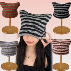 Y2K Winter Knitted Cat Ear Little Devil Hats Sweet Cool Girls Kawaii Designer Stripe Warm thick Hat Harajuku Beanies Female Caps