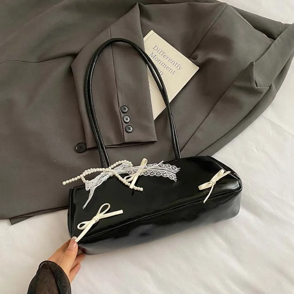 

Shopping Sweet French Stick Handbag Bow Ribbon Y2K Silver PU Shoulder Bag Korean Style Pearls Lady Underarm Bags Daily
