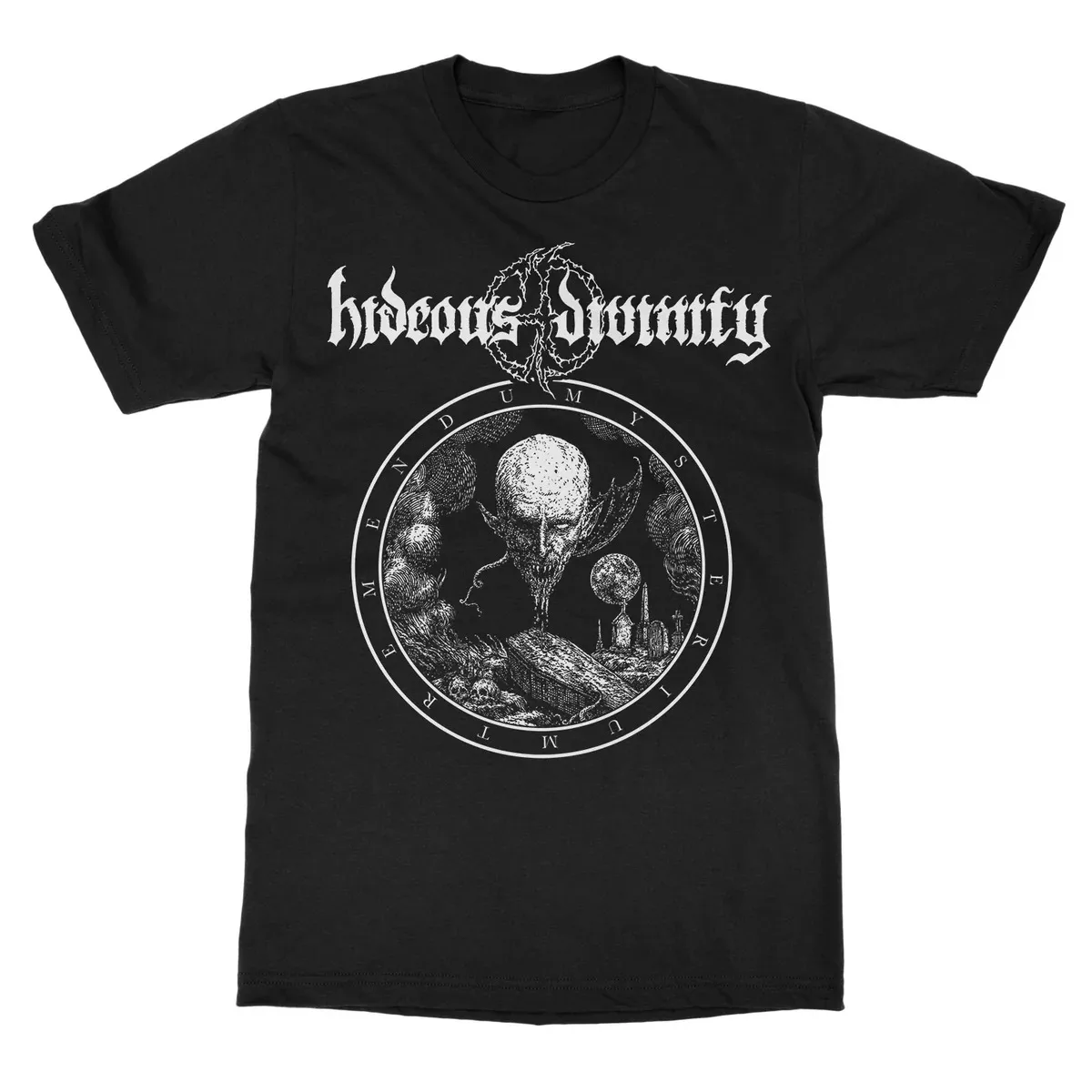 Circle Badge Demon Cemetery Alien Hideous Divinity Print T Shirt, Technical Death Metal Band Fan Collectible Unisex Graphic Tee