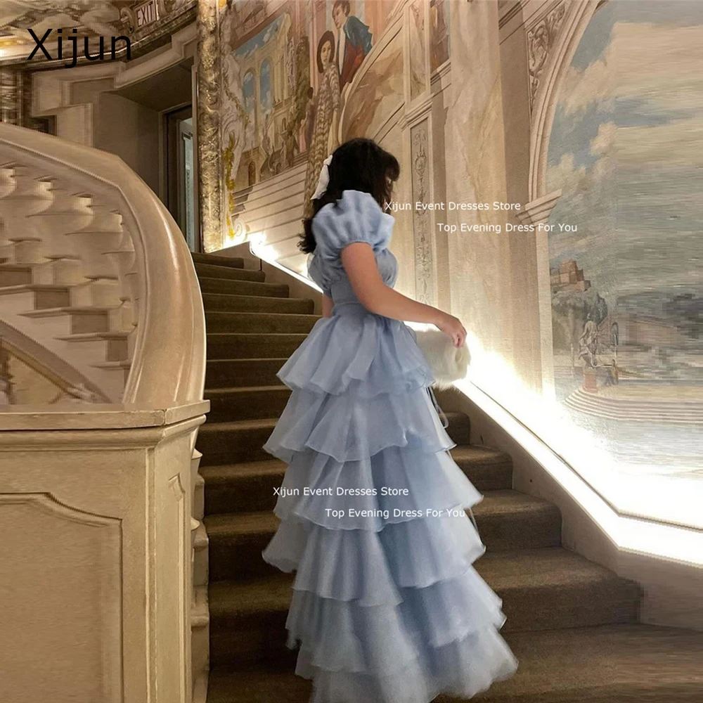 Xijun Baby Blue Princess Evening Dresses Organza Tiered Ruffles Party Dresses Short Sleeves Square Neck Birthday Dresses Luxury