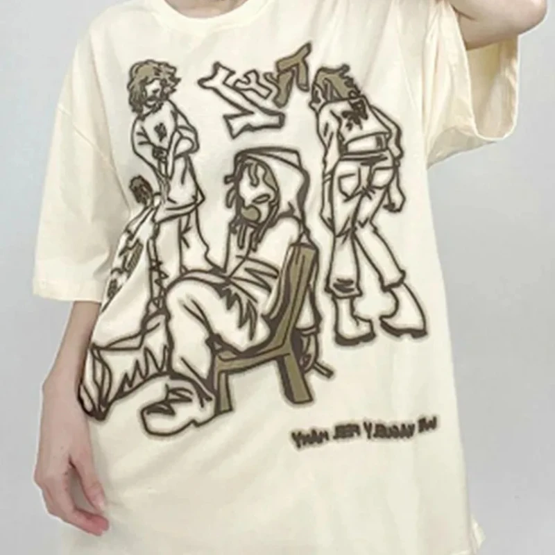 

BIG PROMOTION Y2K European and American summer graffiti street cartoon print casual loose cotton pullover short sleeved T-shirt