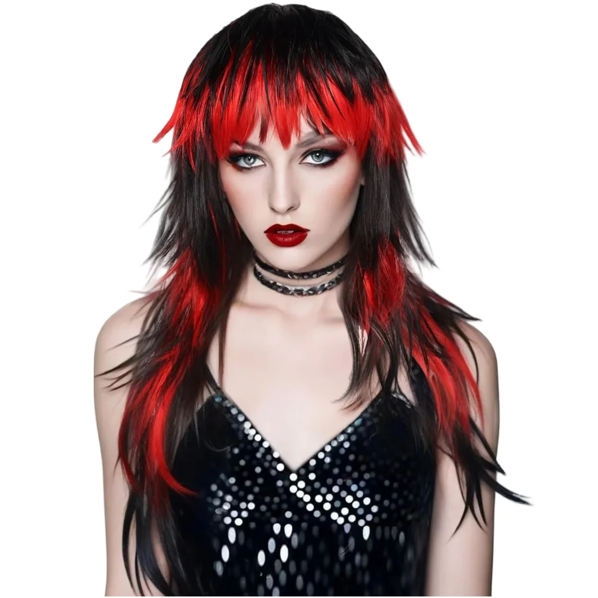 

Black and red highlights long straight hair synthetic wig | diablo theme wind festival party coser performance preferred wig