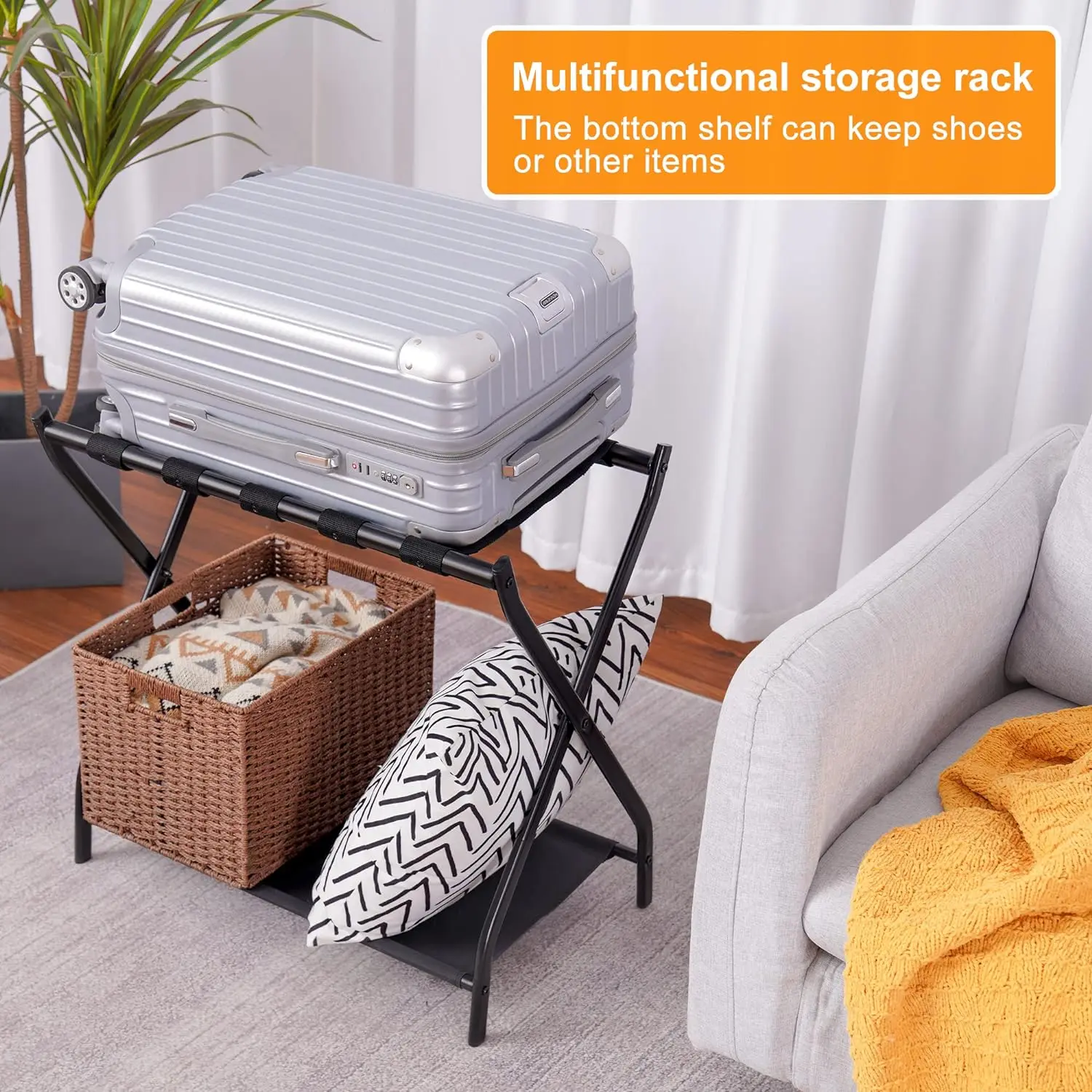 NEWLuggage Rack Pack of 2 Steel Folding Suitcase Stand with Storage Shelf for Guest Room Bedroom Hotel Black