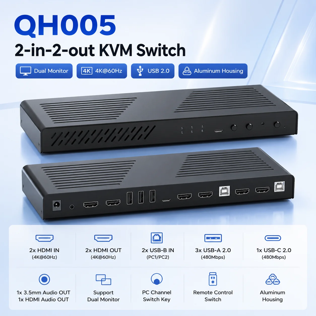 2-in-2 Out for KVM Switch 4K*60Hz Dual  USB 2.0 Hub Remote Control for Sharing Keyboard/Mouse Between 2 PCs in Stock