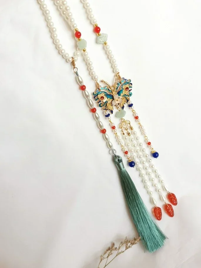 Collar de Borla larga Azul Quemado Yahoo Chino, Kostenlose Lieferung, Perla de Imitación, Nube trasera, Mariposa, Accessoires Hanfu