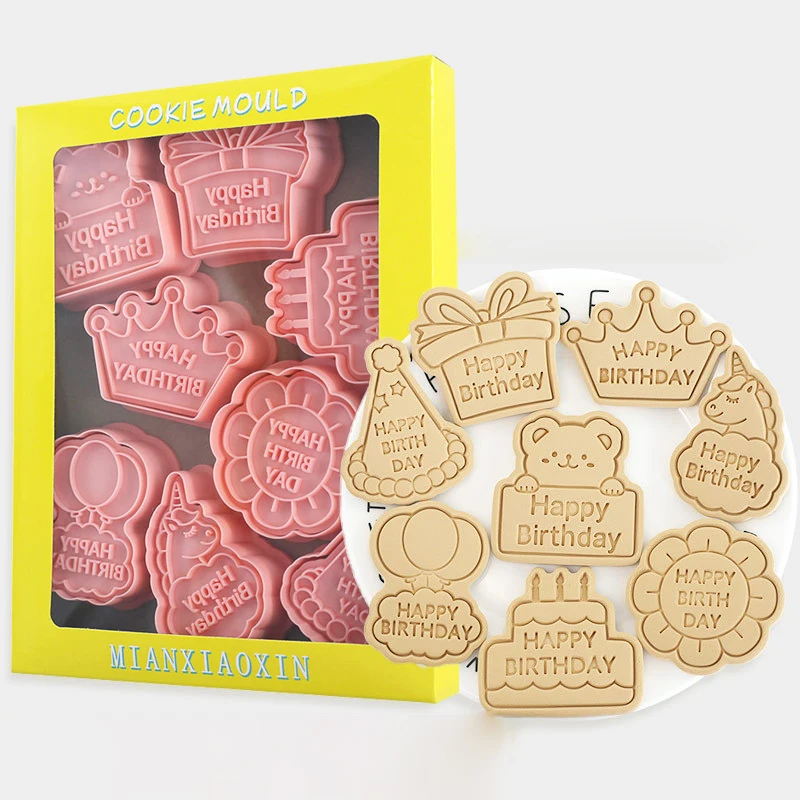 8Pcs Cookies Cutters For Happy Birthday Plastic Cartoon Pressable Biscuit Mold Confectionery Cookie Stamp Baking Pastry Tools