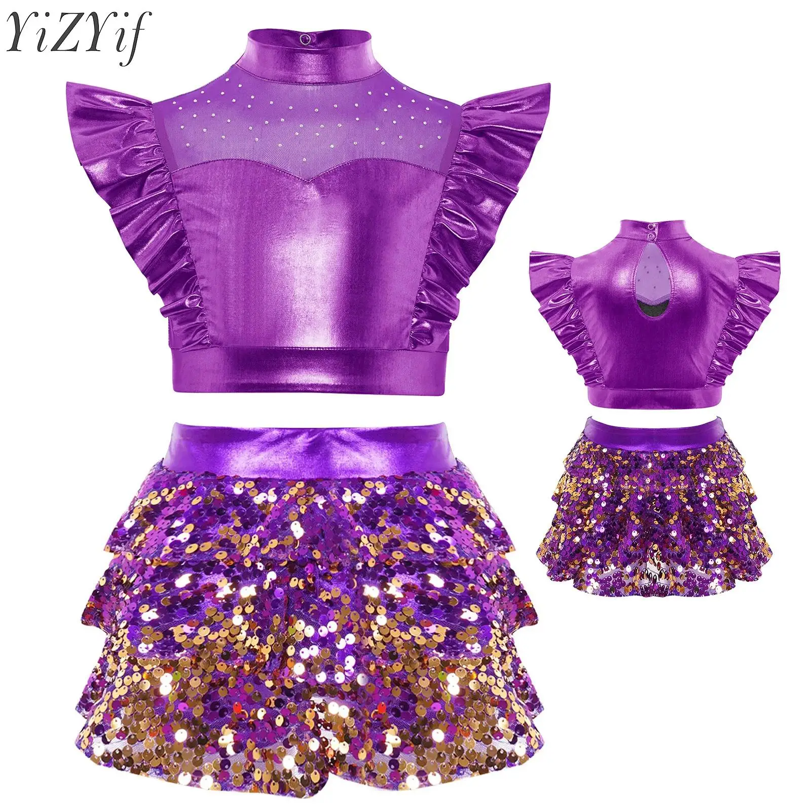 Kids Girls Latin Jazz Dance Sets Ballerina Performance Costume Rhinestone Ruffle Crop Top with Sequins Tiered Ruffled Culottes
