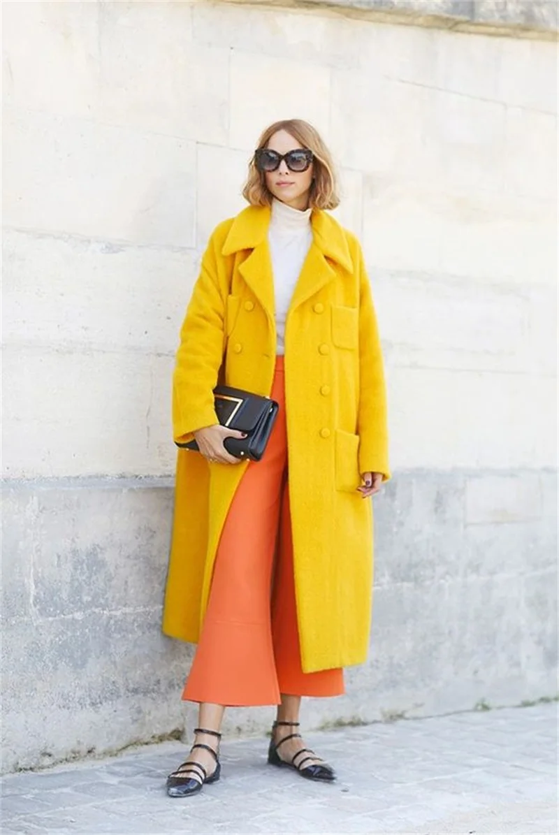 

Thick Women Suits Blazer Wool Long Overcoat Formal Winter Fashion Yellow Cashmere Double Breasted Tailored Jacket Trench Coat