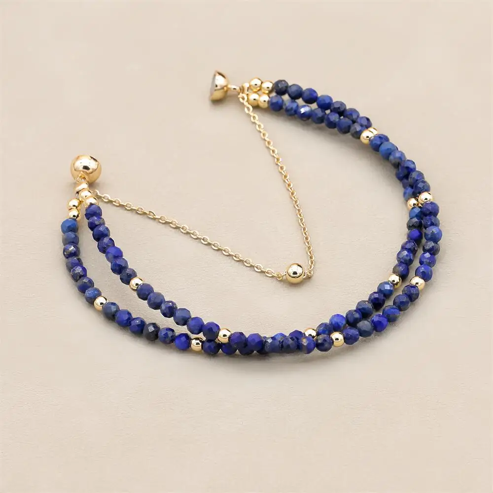 3MM Double Layer Natural Lapis Lazuli Beads Magnetic Buckle Gold Plated Charm Strand Bracelets Handmade Women Jewelry view 3