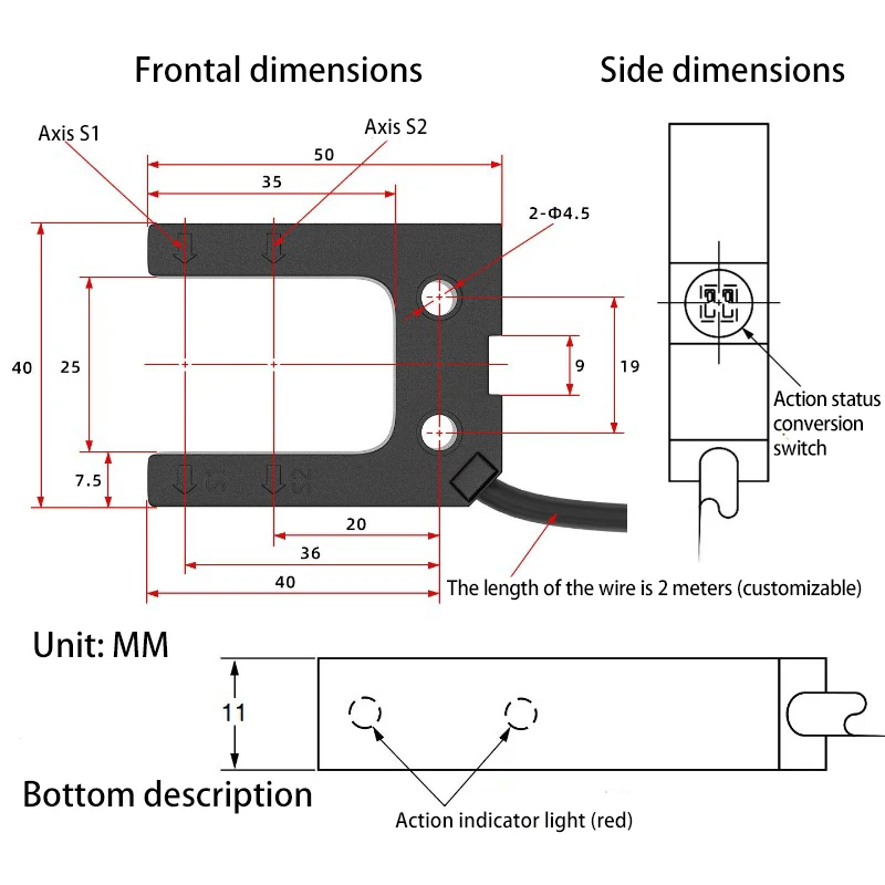 U-shaped photoelectric switch sensor with dual-channel output. Slot width: 25MM. Reflective type sensor for detection.