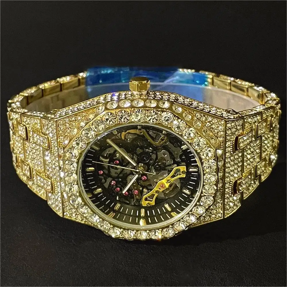 Luxury Automatic Mechanical Watch Men Hip Hop Brand MISSFOX Steel Full Iced Diamond Jewelry Gold Wristwatch Fashion Man 2023 New