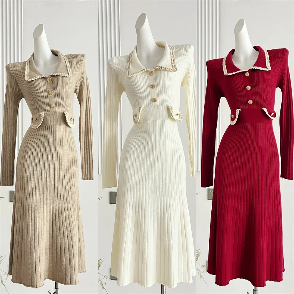 Women Elegant Knitted Dress Autumn Winter French A-line Slim Vintage Dresses Ladies Long Sleeve High Waist Long Robe Vestidos