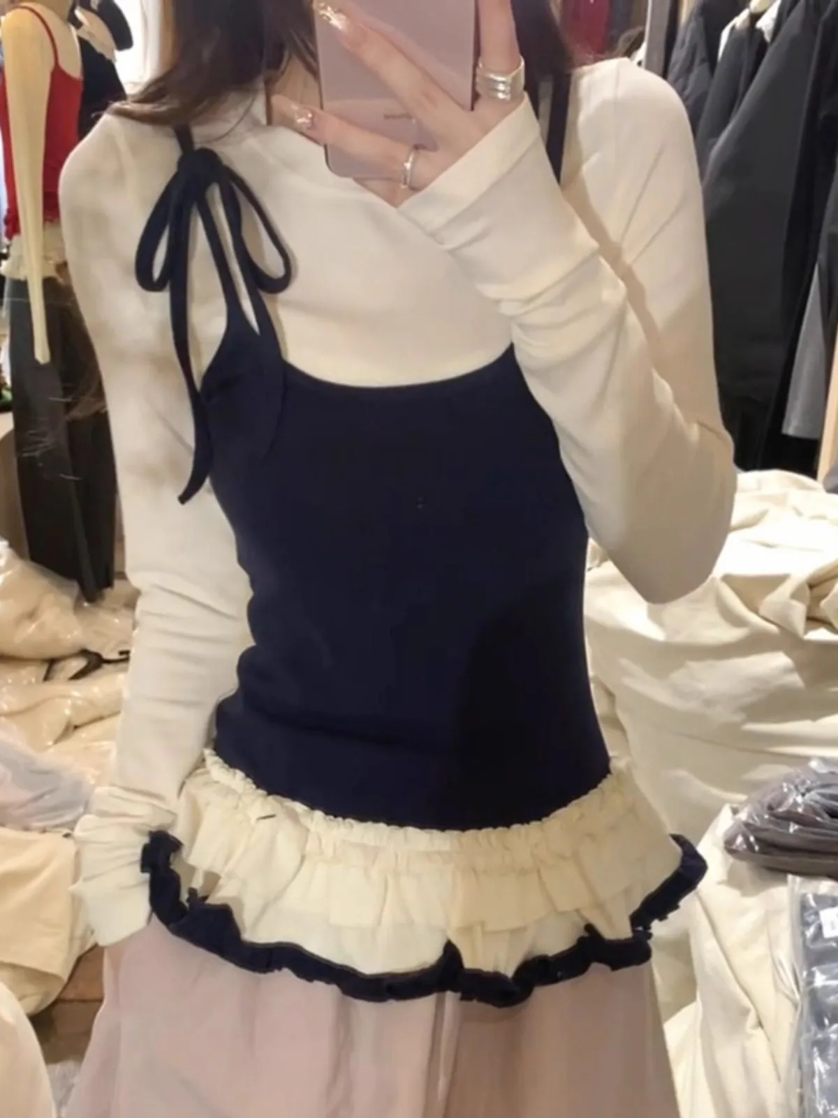 

Korean Sle Splice Slim Fit Long Sve T-irt Women's Outerwear Early Spring New Sle Floral Skirt Top