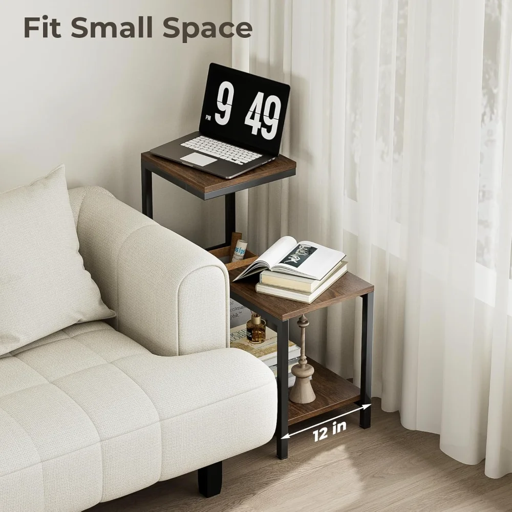 G-Shaped End Table - Small Side Table for Living Room, Bedside Table with Storage Shelf, Corner Tables for Small Spaces