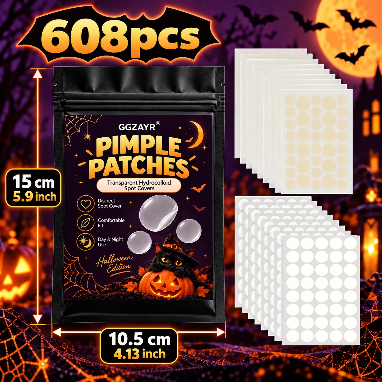 608PCS Halloween Edition Pimple Patch Stickers, Transparent Hydrocolloid Spot Cover Set, Cute Beauty Accessories for Party Seaso - view 5