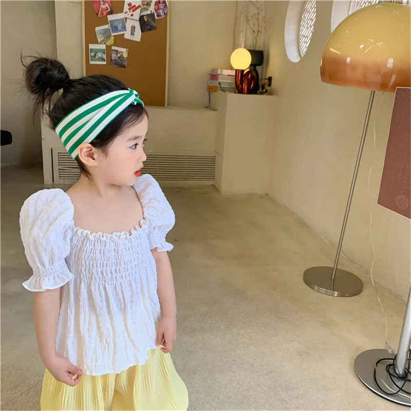 2024Summer Children's Backless Shirt Summer Girls' Puff Short Sleeve Pleated Doll Shirt Peplum Top Trendy-WSNY