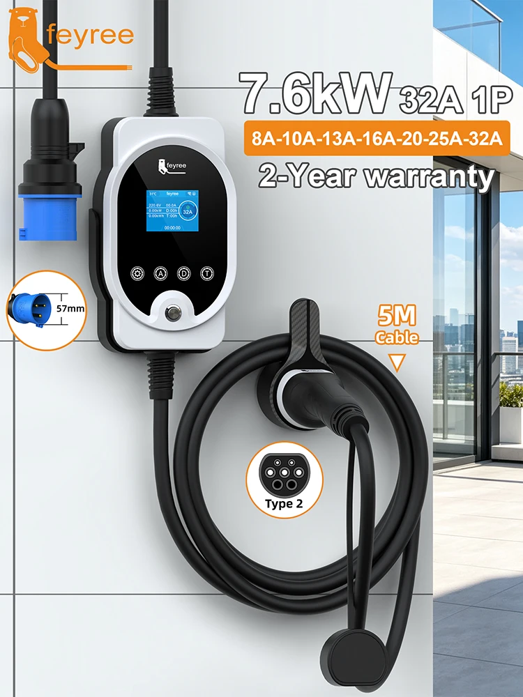 Feyree Typ2 7kW 32A 1P Schnellladegerät für Elektrofahrzeuge, Tragbar, APP- und WLAN-Steuerung zur Einstellung von Stromstärke und Ladezeit für Elektroautos