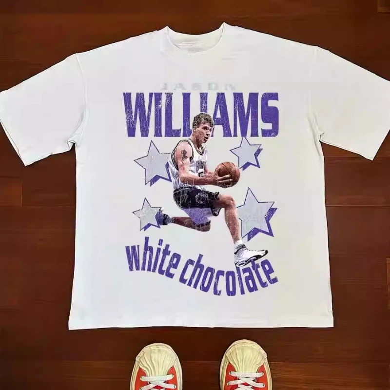 Camiseta de manga larga y corta de algodón puro con cuello redondo de baloncesto americano Jason Williams de chocolate blanco