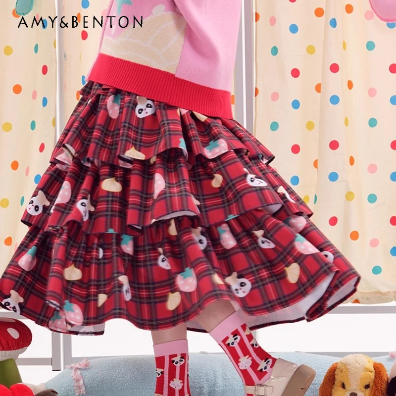 

Осень 2022, новая милая красная клетчатая женская юбка-тортик, японский дизайн, универсальные длинные юбки с милым животным принтом, уменьшающие возраст, женские