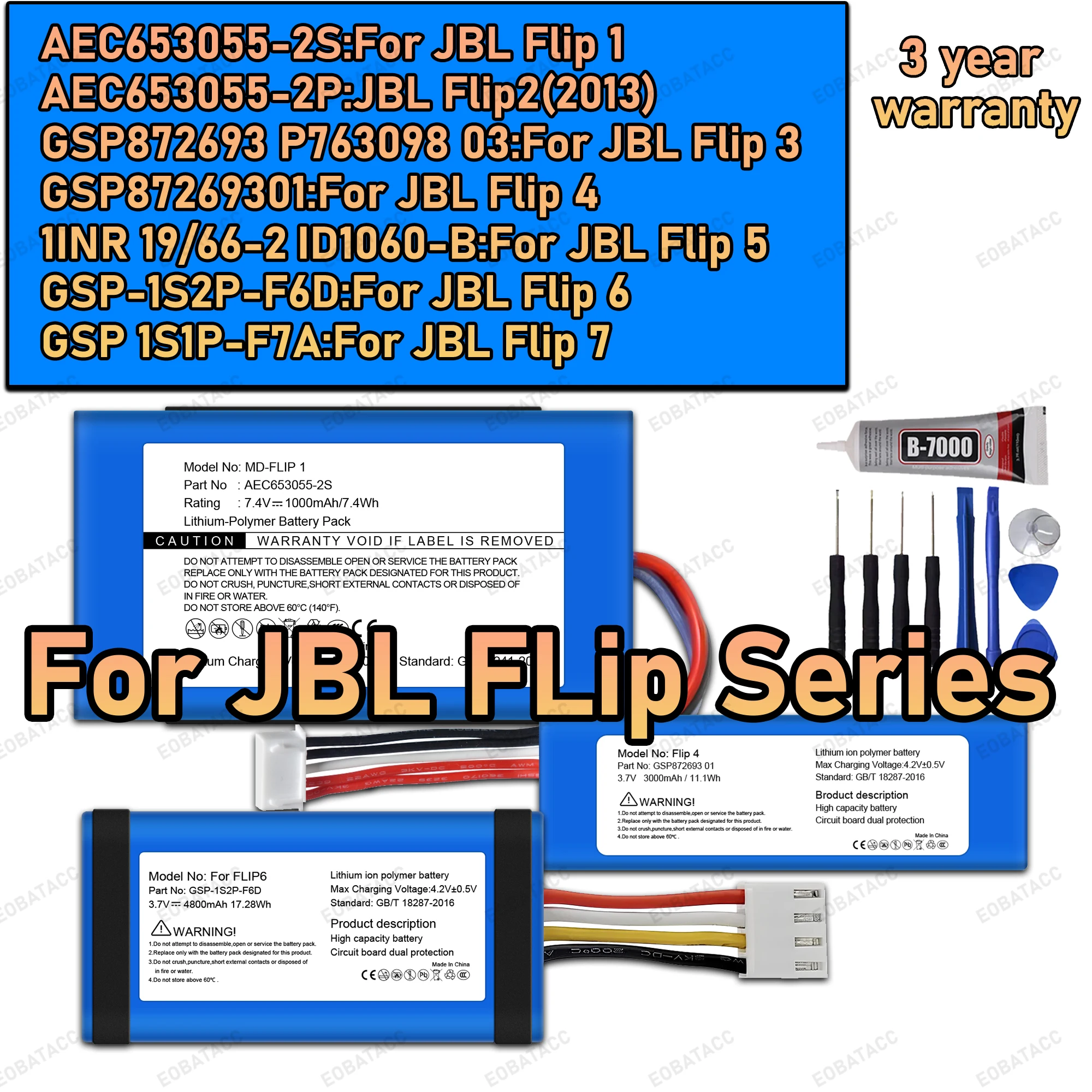100% New High Capacity AEC653055-2S GSP87269301 GSP-1S2P-F6D For JBL Flip 1 /Flip 2/Flip 3/Flip 4/Flip 5/Flip 6 batteries