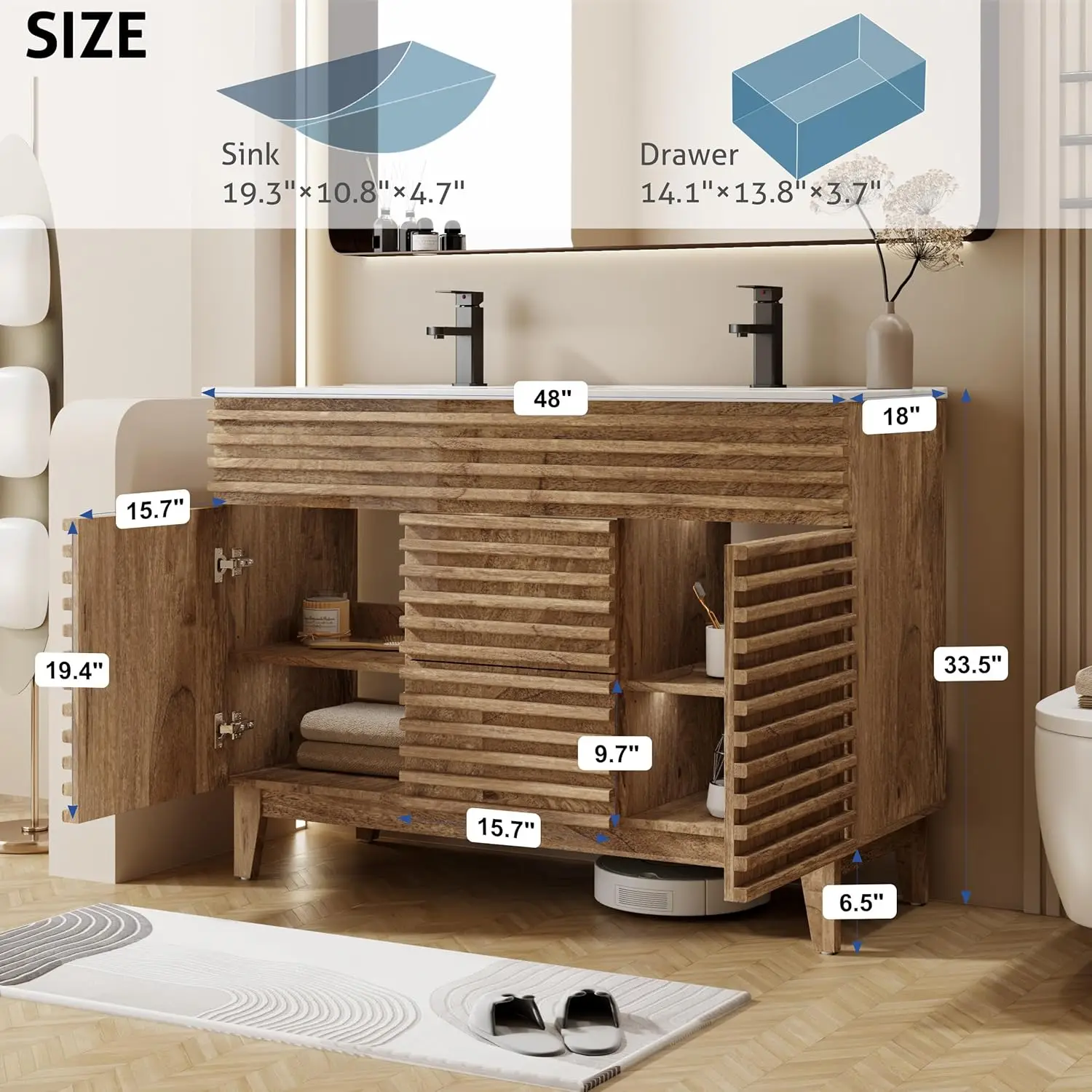 # Mid-Century Bathroom Vanity Combo Wood Stripes Cabinet Adjustable Shelf Undermount Dual Sink Faucet Drain Walnut, Customized