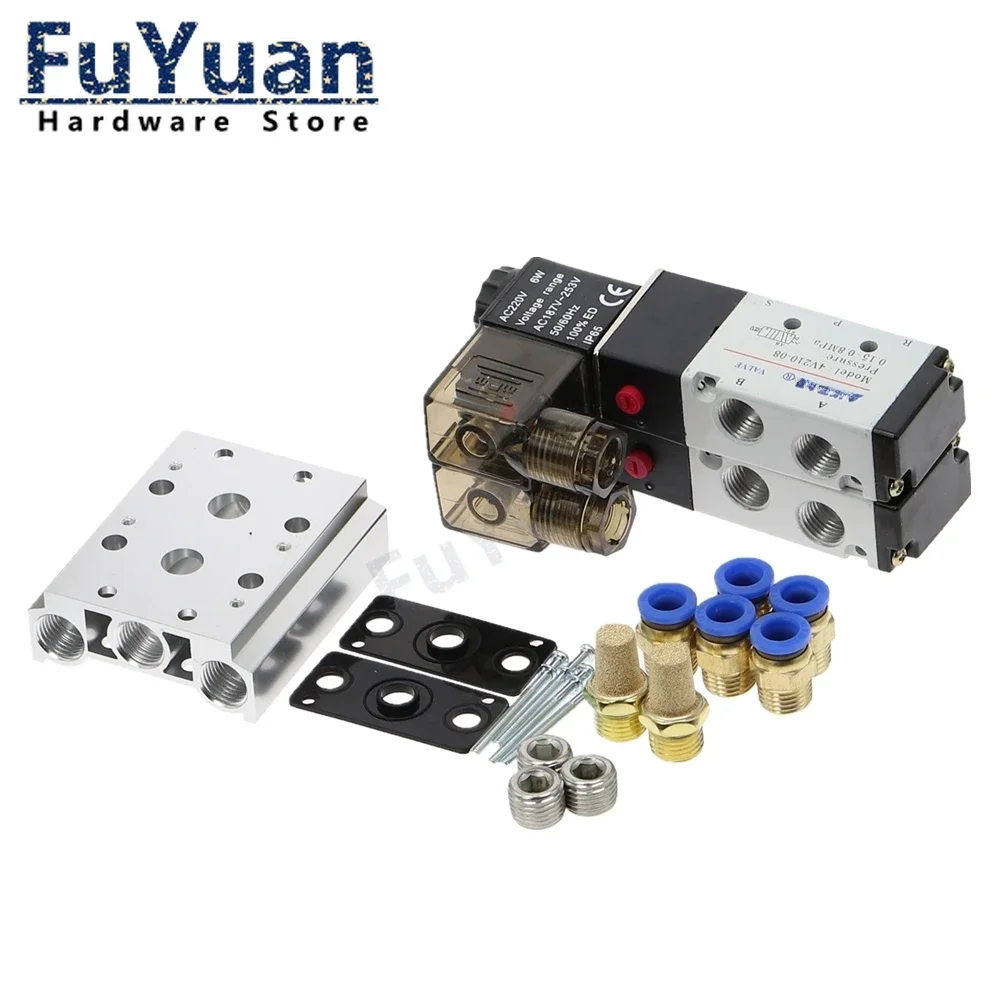 4V210-08 DC24V 2 Positions 2-10 Way Quadruple Solenoid Valve Aluminum Base Fitting Mufflers Set 2 Stations DIY