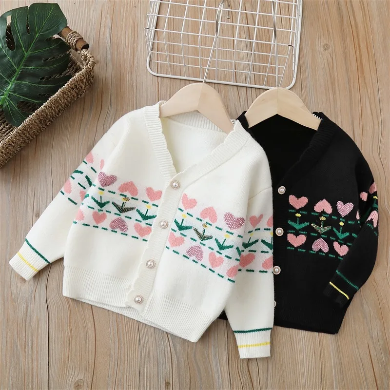 Autumn Girl's Sweater Cardigan Children'S Sweater Winter New Peach Heart Coat Girl Baby Little Girl V-Neck Single Breasted Top