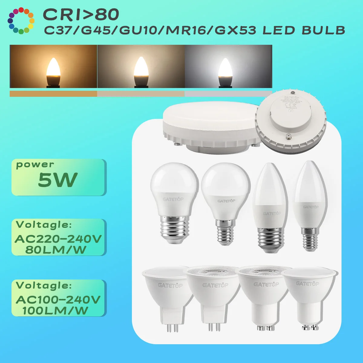 

5 упаковок светодиодной лампы CRI E27 E14 с высоким люменом, мини-лампа 7 Вт GU10 MR16 C37 G45 GX53, лампы AC110V AC220V, цоколь для домашнего освещения Derec Study Light