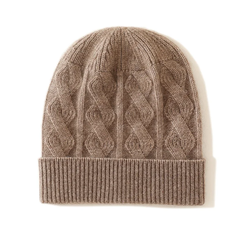 Ladies Thickened Vintage Knitted Pure Cashmere Hat Wrap Head Warm Knitwear Fashionable Twist Design All-Match Winter Cap