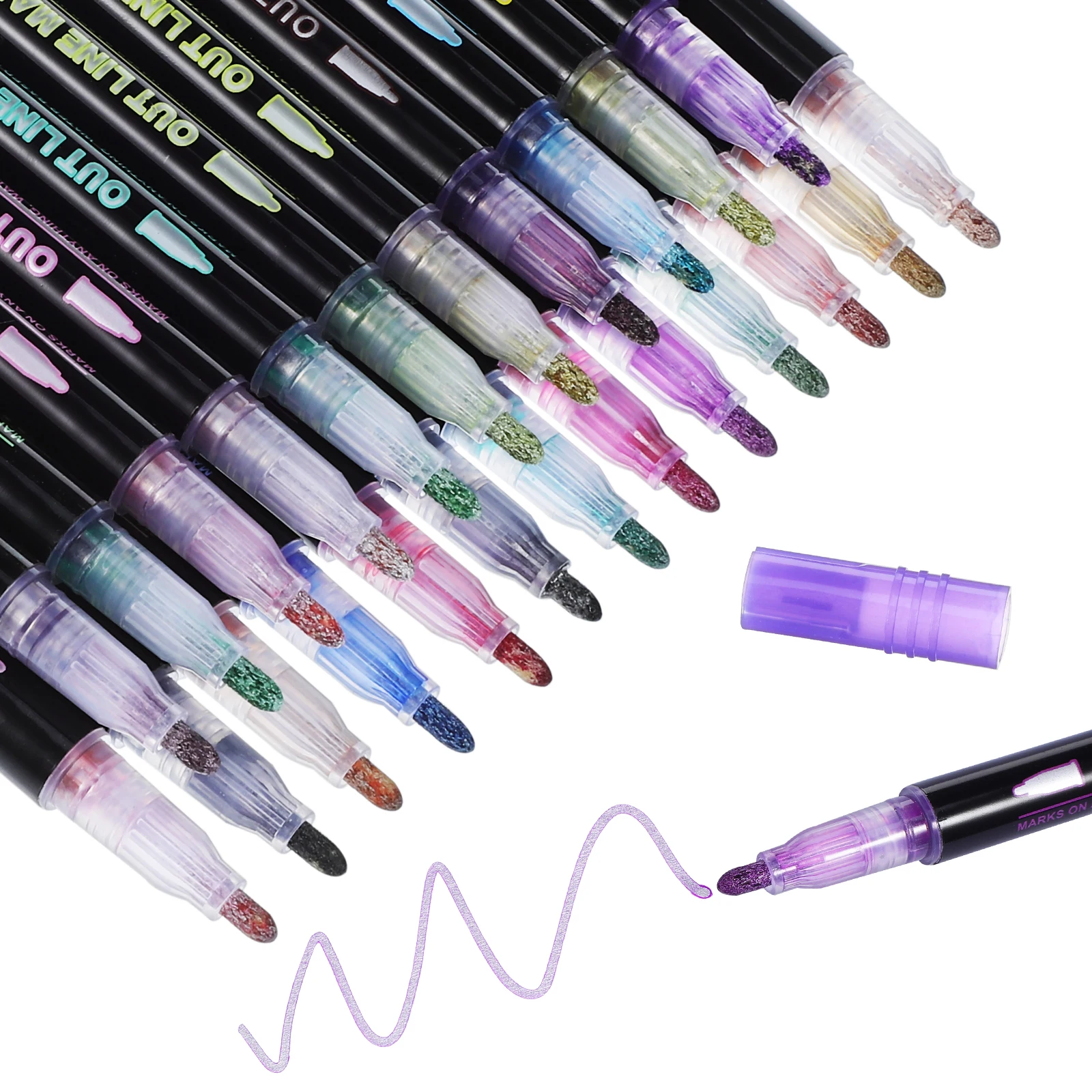 

24pcs Flash Pen Coloring Markers Glitter Effects Double Line Doodle Outlining Calligraphy Drawing Pens Supplies