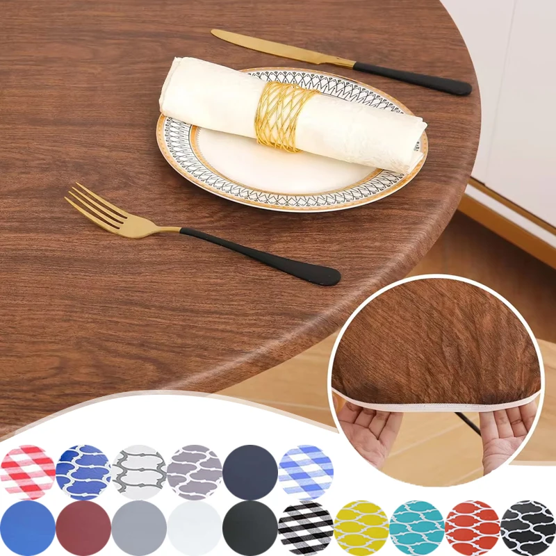 

Waterproof PVC Tablecloth Elastic Fitted Round Table Cover Wipe Clean Oil Proof Non Slip Design for Home Kitchen Party Camping