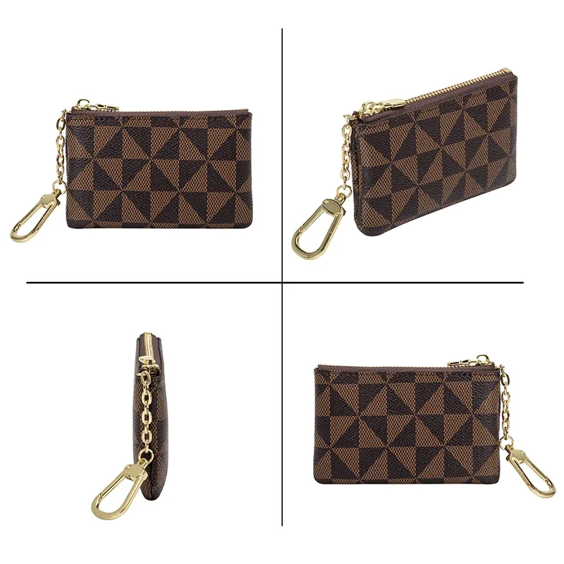 Coin Key Storage Bag with Chain Women Mini Coin Purse Luxury Designer Plaid Leather Small Zipper Wallet Ladies Keychain Trendy