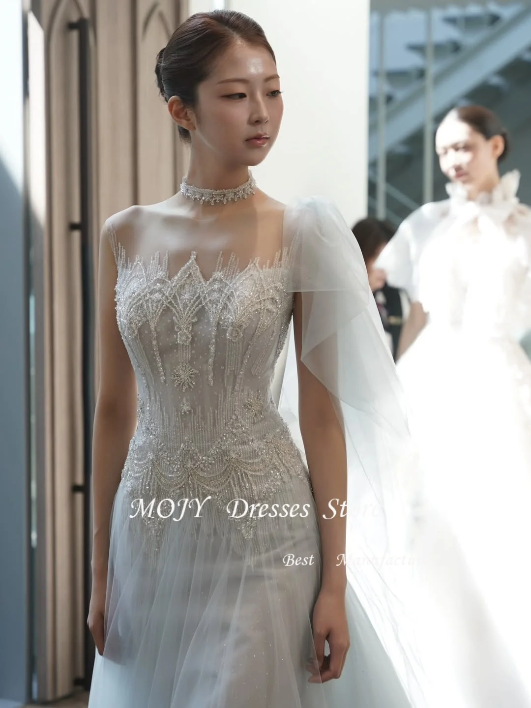 فستان موجي فاخر على شكل قلب سباركلي لحفلات الزفاف كوريا لالتقاط الصور بدون أكمام بطول الأرض مشد فستان سهرة مخصص