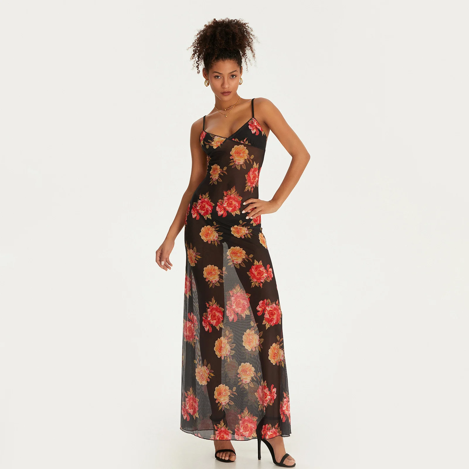 

Women Floral Print Sleeveless Long Dress Summer Spaghetti Strap Backless Party Dress for Cocktail Beach Streetwear