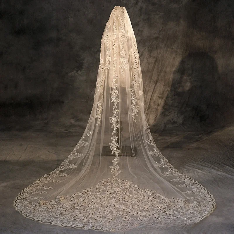 European and American sequined lace single-layer trailing veil foreign trade bride wedding church-style single-layer long veil