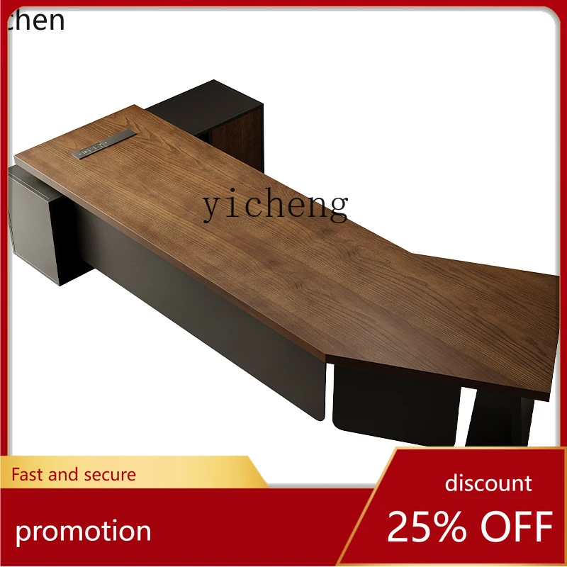 ZML مكتب كمبيوتر مكتبي من الخشب الصلب الراقية، طاولة رئيس بسيطة وحديثة ومبتكرة على شكل خاص مع خزانة جانبية #1