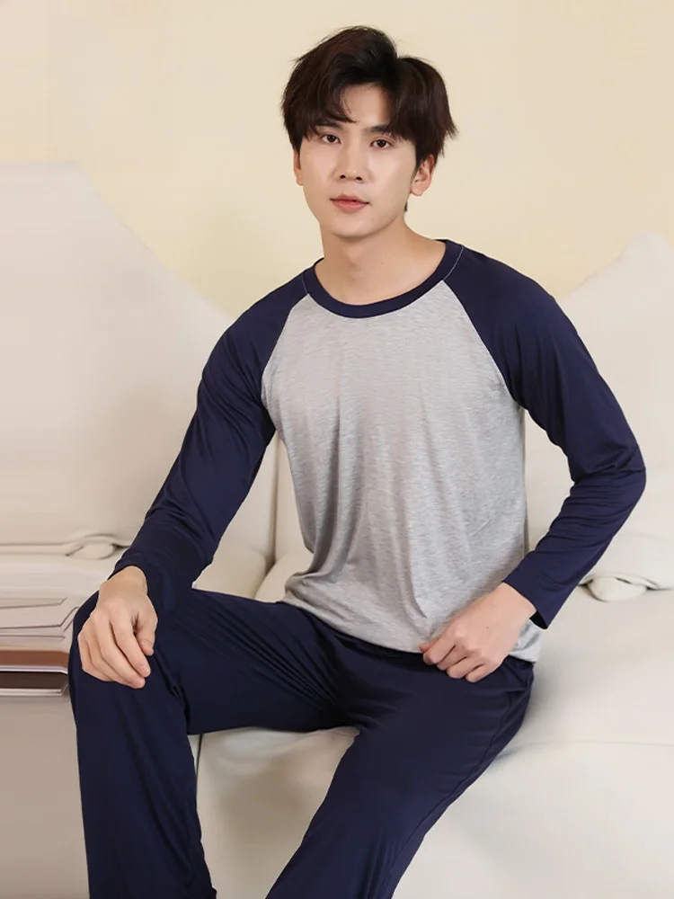 

Men's Summer Spwear Pants Long Sve round Ne Home Clothes Thin Casual Sle Two-Piece Set Comfortable Modal Fabric