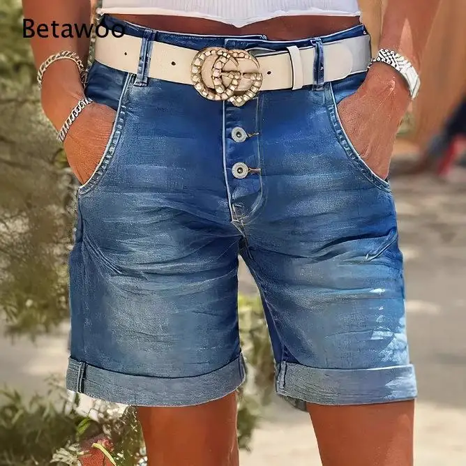 Men Light Wash Button Front Denim Shorts Roll Cuff Hem Multi Pocket Casual Mid Length Jean Shorts for Daily Summer Wear