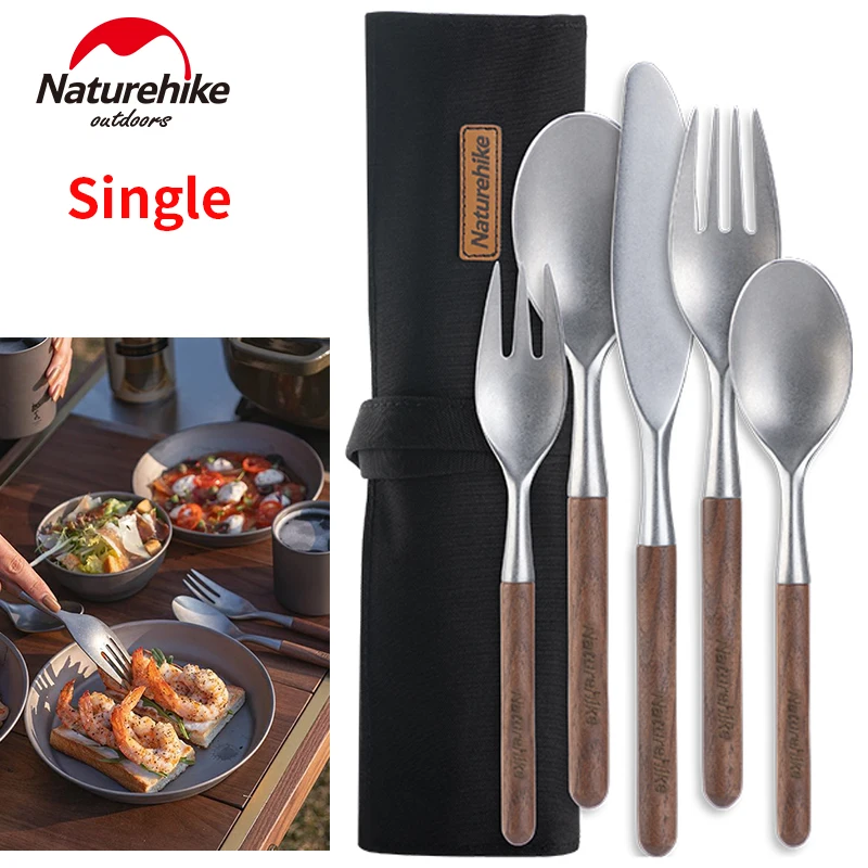 Naturehike Picnic Knife/Fork/Spoon Set 304 Stainless Steel Wooden Handle Cooking Tableware Outdoor Portable 5 Styles Picnic Tool