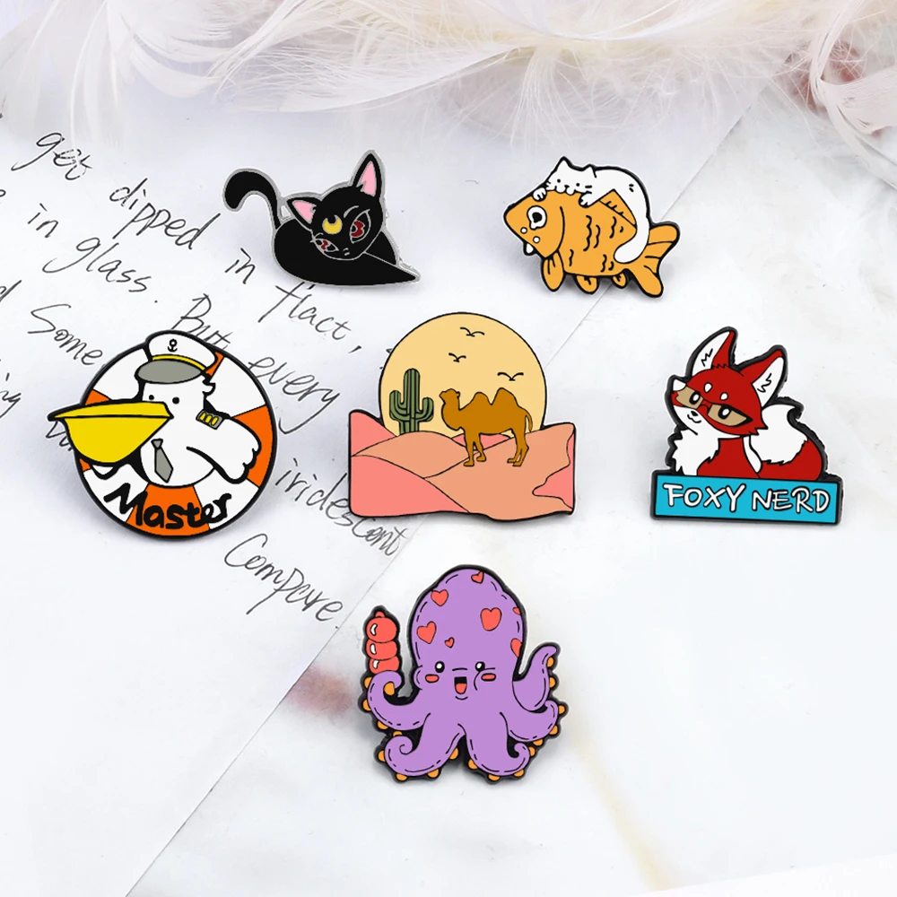 Animal Brooch Cartoon Cat Eating Fish Fox Kitty Bag Badge Funny Octopus Holds Meatballs Seagull Captain Desert Camel Enamel Pins