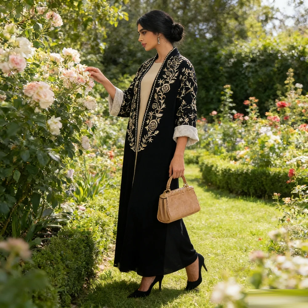 

Женская мусульманская бархатная абайя, дубайский кафтан, кимоно с вышивкой, кардиган, кебая, кафтан, марокканское платье, вечернее платье, наряд для праздника Рамадан и Ид