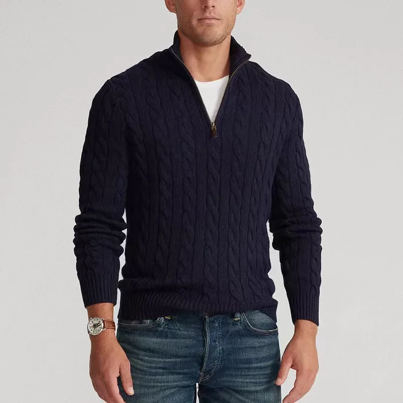 

Autumn Men Solid Mock Neck Knitted Sweater Long Sleeve Sweaters Spliced Zipper Spliced Casual Loose Slight Strech Pullovers