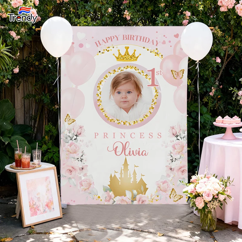 Princess Birthday Background 1st Party Birthday Custom Girls First Birthday Backdrop Banner Personalized Name Age Photo Decor
