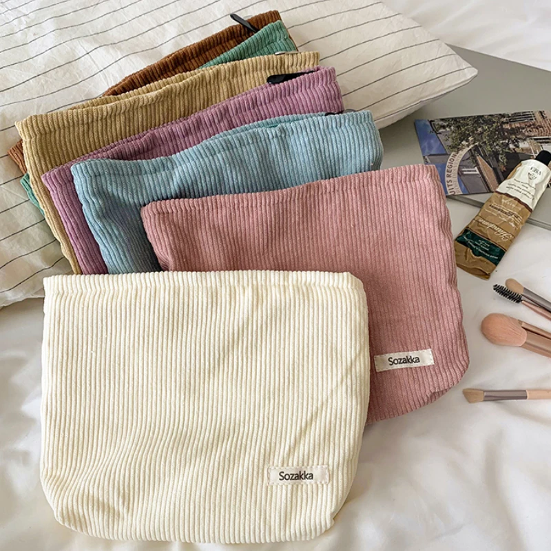 Solid Color Simple Corduroy Clutch Cosmetic Bag Large Capacity Makeup Bag Portable Travel Toiletries Bag Makeup Organizer Pouch